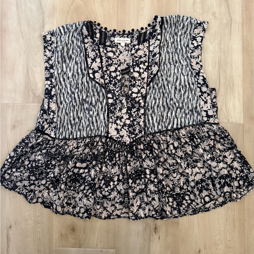 Rebecca Taylor| Black and Cream Pattern Blouse| Boho business casual